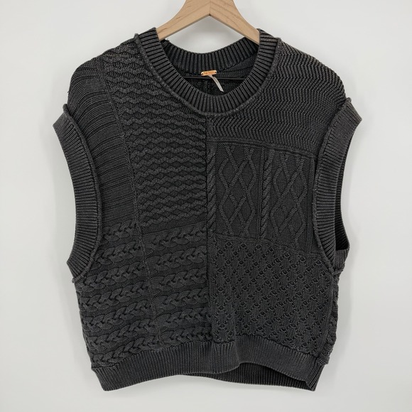 Free People Sweaters - Free People Sz S Mixed Patchwork Cable Knit Sweater Vest Charcoal Grey Boho Top